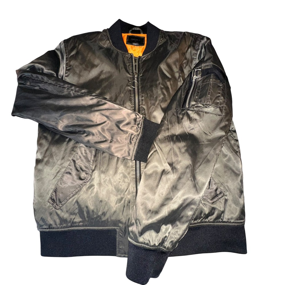 Forever 21 Women black Bomber Jacket Orange Lining MA1 Style Size Medium‎ - Picture 2 of 5